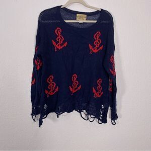 Wildfox White Label Navy Blue with Red Anchor Print Distressed Hem Sweater